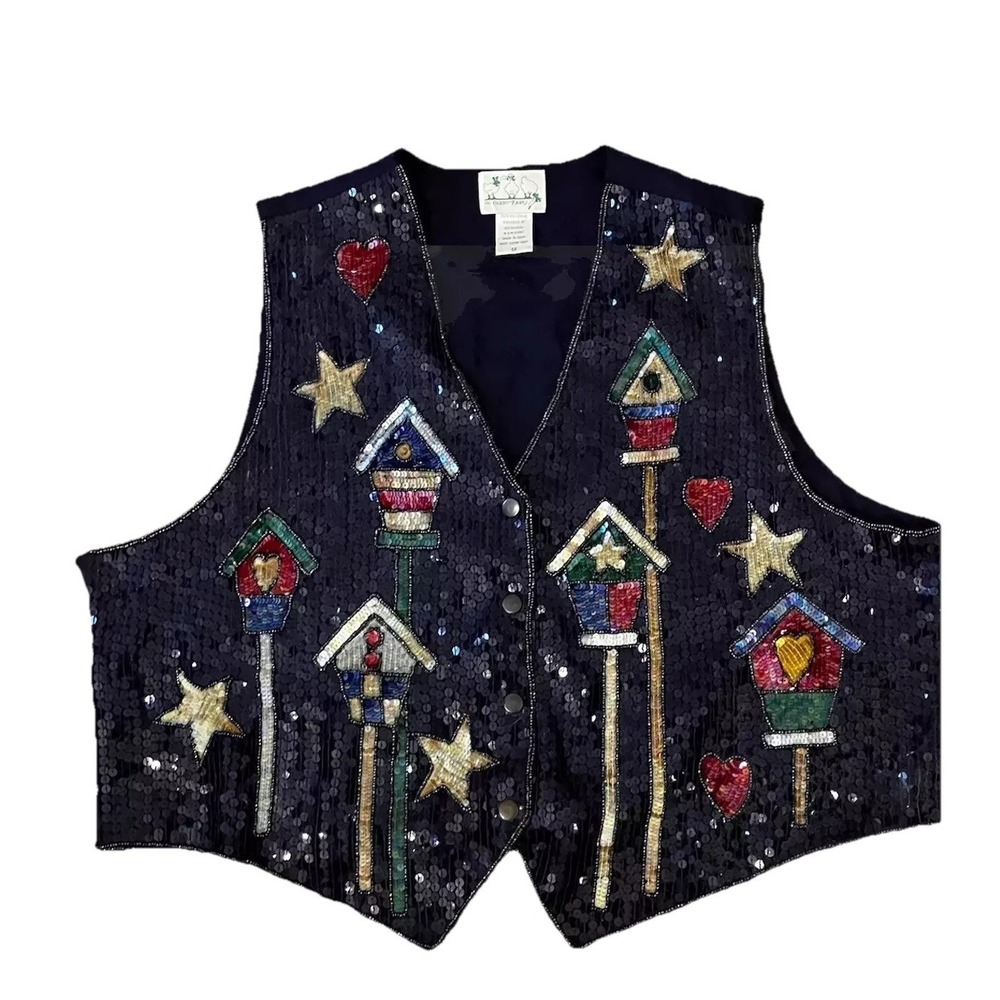 Y2k Vest Grannycore Quacker Factory ‎ Birdhouse Sequin Size 1X NAVY grannycore